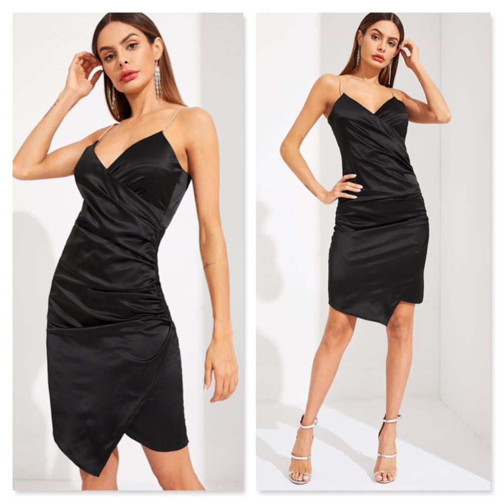 Black Satin Wrap Rhinestone Ruched Bodycon Dress - Picture 2 of 9